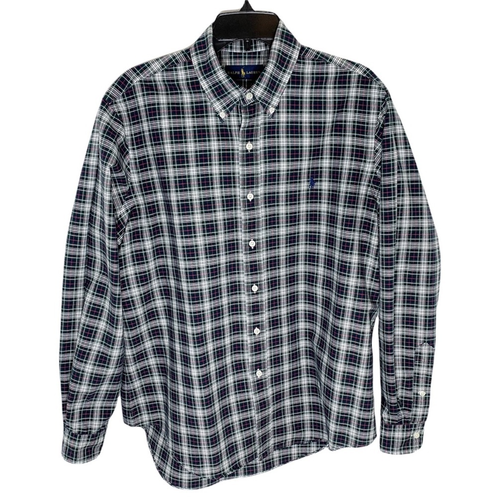 Ralph Lauren Shirt Men’s Size L Blue White Plaids Button Front Long Sleeve